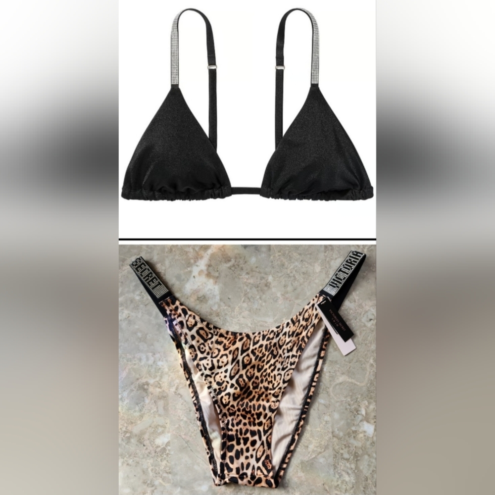 XL/L VS Swim Shine Strap Triangle Brazilian Bikini Set Black Leopard